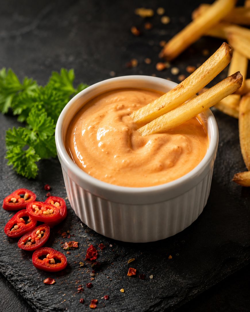 French fries dipped in a creamy orange sauce in a white ramekin, with sliced red chili and parsley nearby on a dark slate surface.