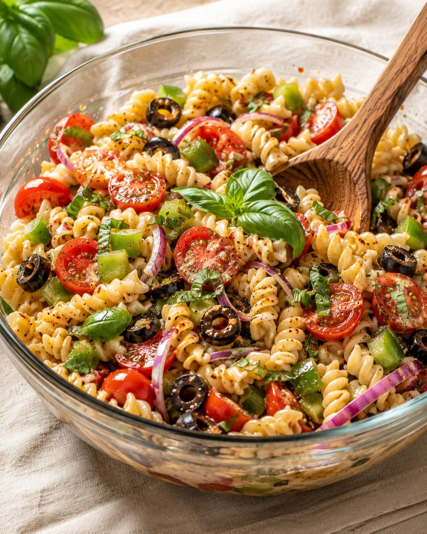 A glass bowl filled with pasta salad containing rotini pasta, cherry tomatoes, black olives, green bell peppers, red onion slices, and fresh basil, with a wooden spoon in the bowl.