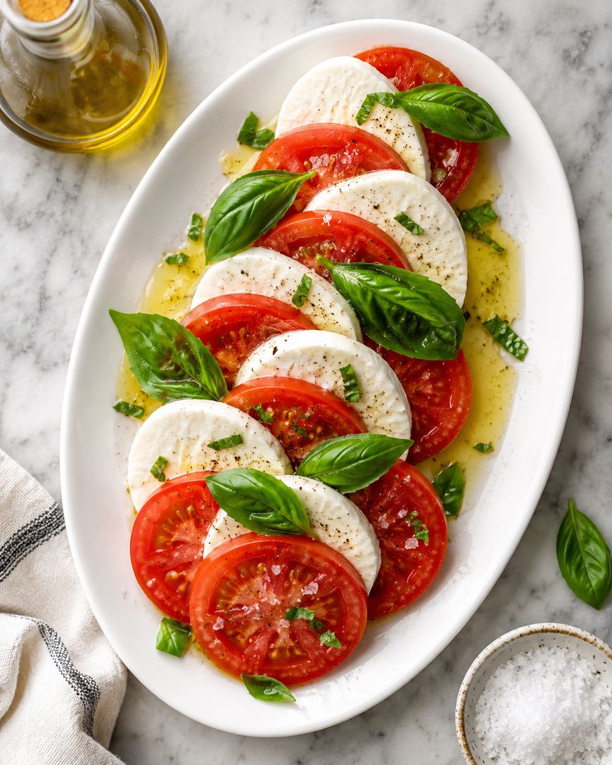 A plate of Caprese salad with alternating slices of fresh mozzarella and tomato, topped with basil leaves, olive oil, salt, and pepper. A bottle of olive oil and a bowl of salt are nearby on a marble surface.