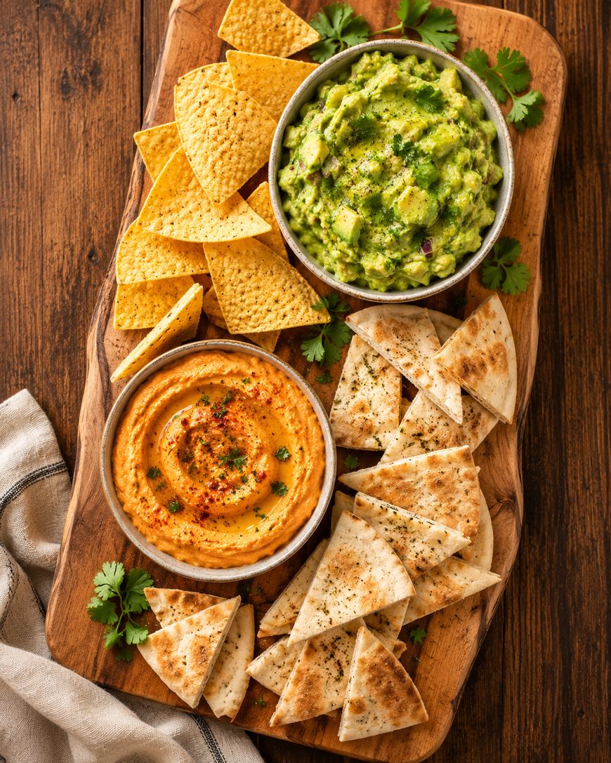 A wooden board with bowls of guacamole and hummus, surrounded by tortilla chips, pita triangles, and garnished with fresh cilantro on a rustic wooden table.