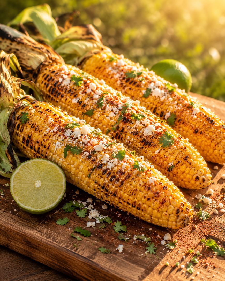 Three grilled ears of corn topped with crumbled cheese, chopped cilantro, chili powder, and a squeeze of lime are arranged on a wooden board with lime halves and fresh herbs in warm sunlight.