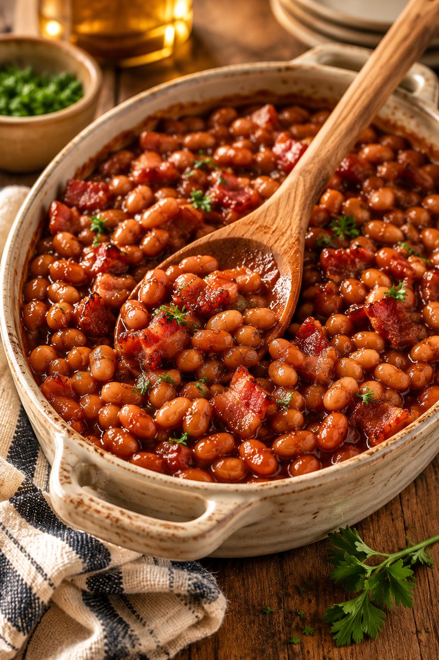 A ceramic dish filled with baked beans and chunks of bacon in a rich sauce, garnished with parsley. A wooden spoon rests in the dish, and a striped towel and fresh parsley are nearby on a wooden table.