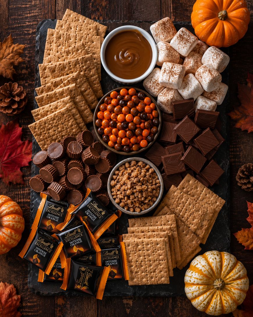 A fall-themed dessert board with graham crackers, chocolate squares, peanut butter cups, marshmallows, caramel dip, toffee bits, and orange candy, surrounded by pumpkins, pinecones, and autumn leaves on a wooden table.