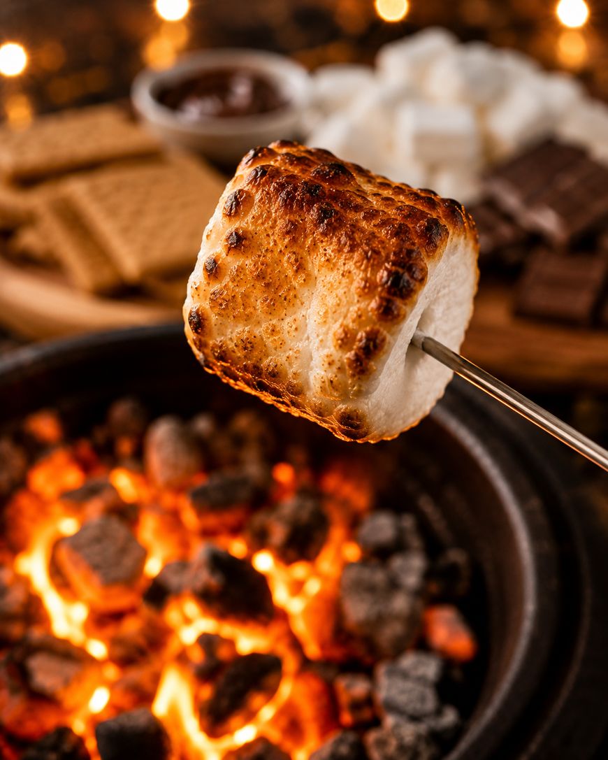 A toasted marshmallow on a metal skewer is held over glowing hot coals, with graham crackers, chocolate, and more marshmallows blurred in the background for making smores.