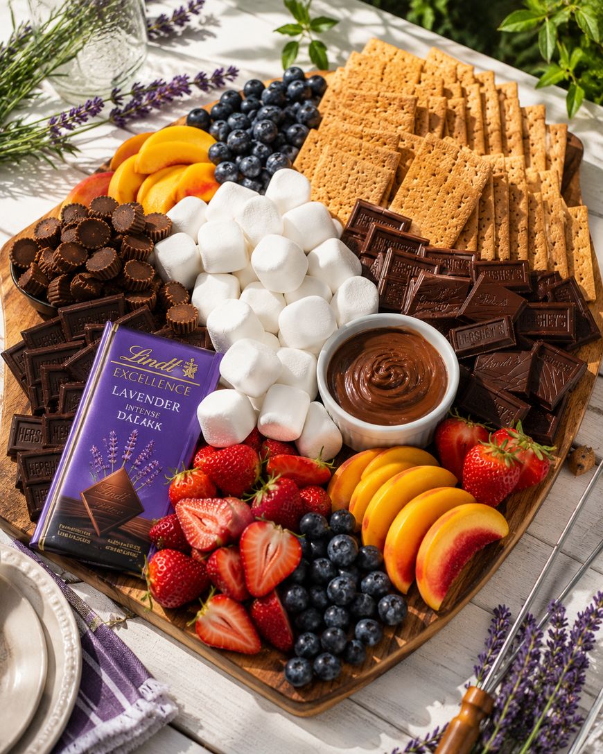 A wooden board with marshmallows, graham crackers, chocolate bars, peanut butter cups, strawberries, blueberries, peach slices, and a bowl of chocolate spread, arranged for making s’mores on an outdoor table with lavender.
