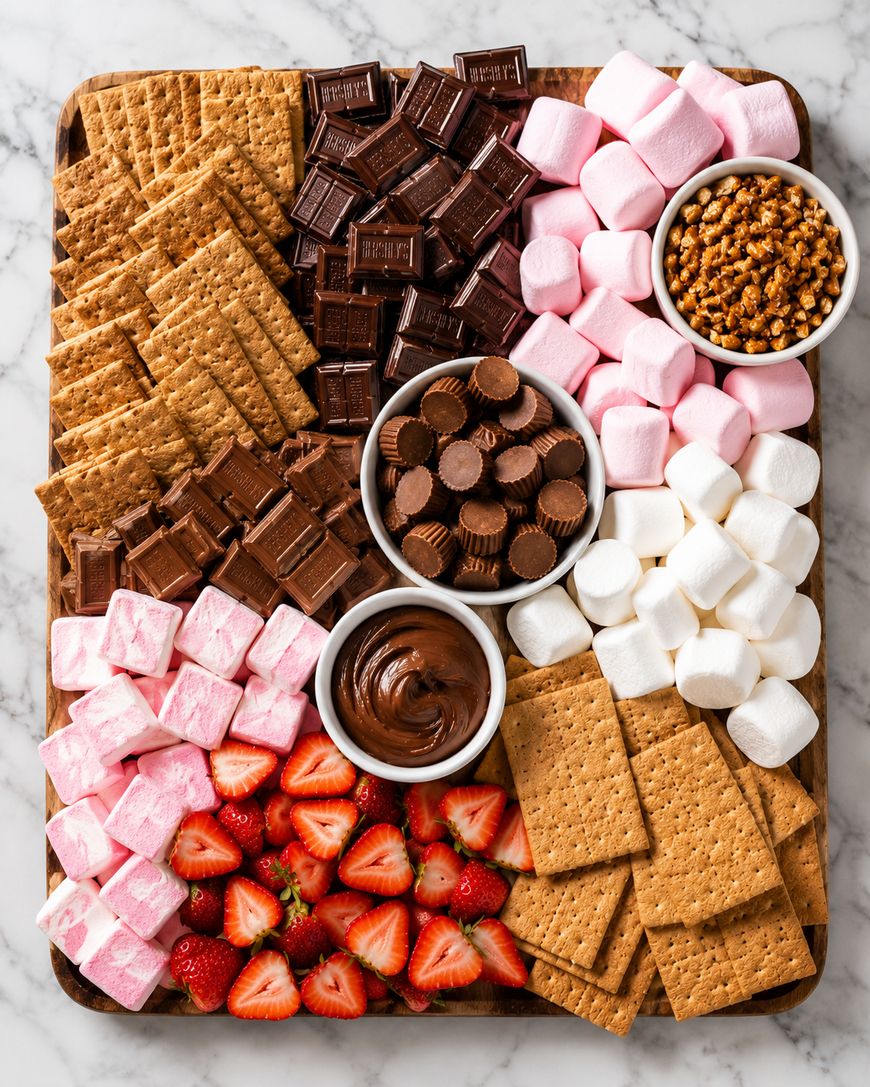 A wooden board holds graham crackers, chocolate bars, pink and white marshmallows, strawberries, mini peanut butter cups, chocolate spread, and a bowl of crunchy topping, arranged neatly in sections on a marble surface.