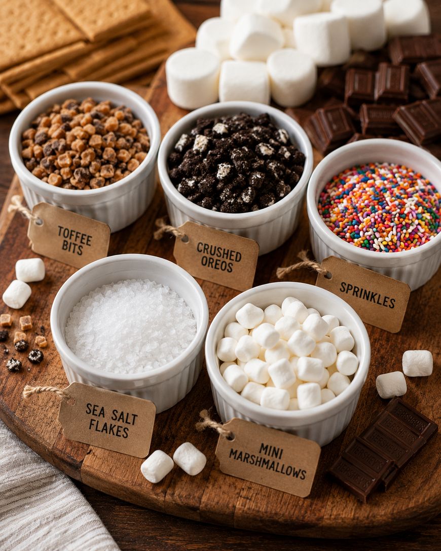 A wooden board displays bowls of toffee bits, crushed Oreos, sprinkles, sea salt flakes, and mini marshmallows, with marshmallows, chocolate bars, and graham crackers arranged around them. Each bowl is labeled with a tag.