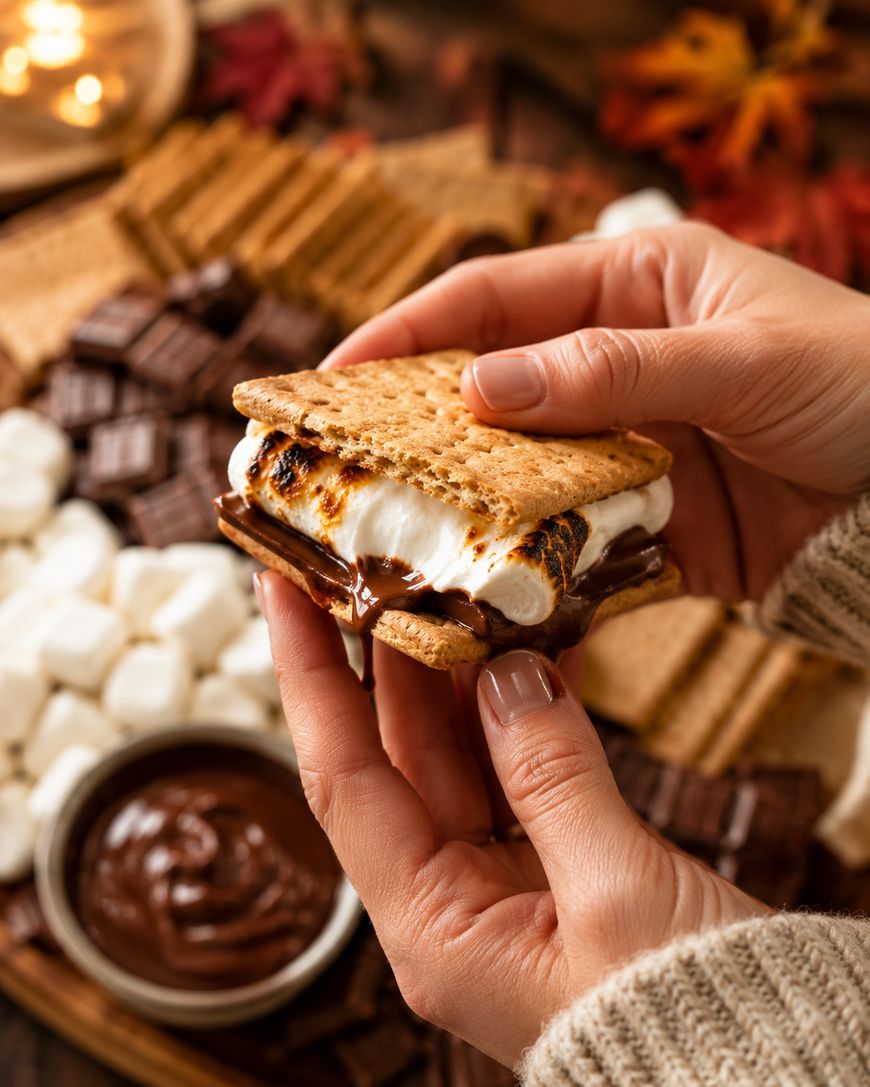 A person holds a gooey smore made with toasted marshmallow and melted chocolate between graham crackers, with more marshmallows, chocolate pieces, and a bowl of chocolate spread in the background.