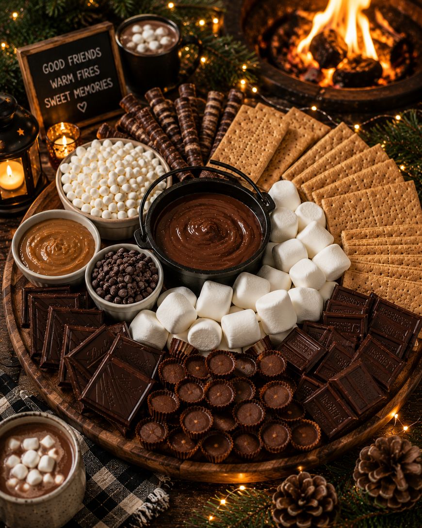 A round wooden tray with marshmallows, graham crackers, chocolate bars, peanut butter cups, mini chocolate chips, waffle cones, caramel, two types of dips, and a cup of hot cocoa, set near a cozy fireplace and a sign about friends and memories.