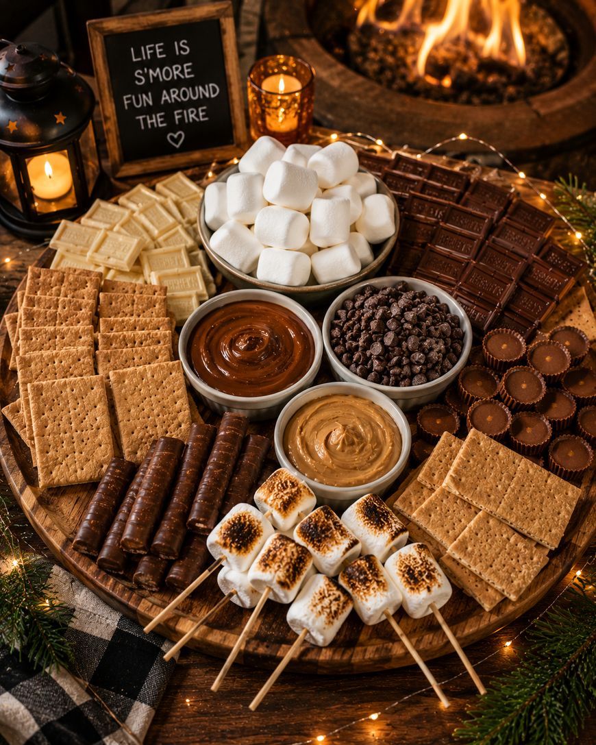 A round wooden tray with marshmallows, chocolate bars, graham crackers, peanut butter, caramel, mini chocolate chips, chocolate sticks, and toasted marshmallows on skewers, set near a fire with a sign that says, Life is smore fun around the fire.