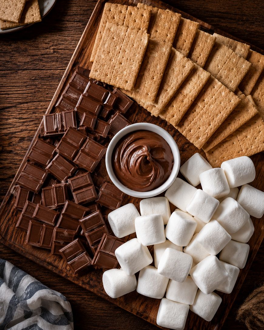 A wooden board with neatly arranged graham crackers, chocolate squares, large marshmallows, and a small bowl of chocolate spread, ready for making smores.