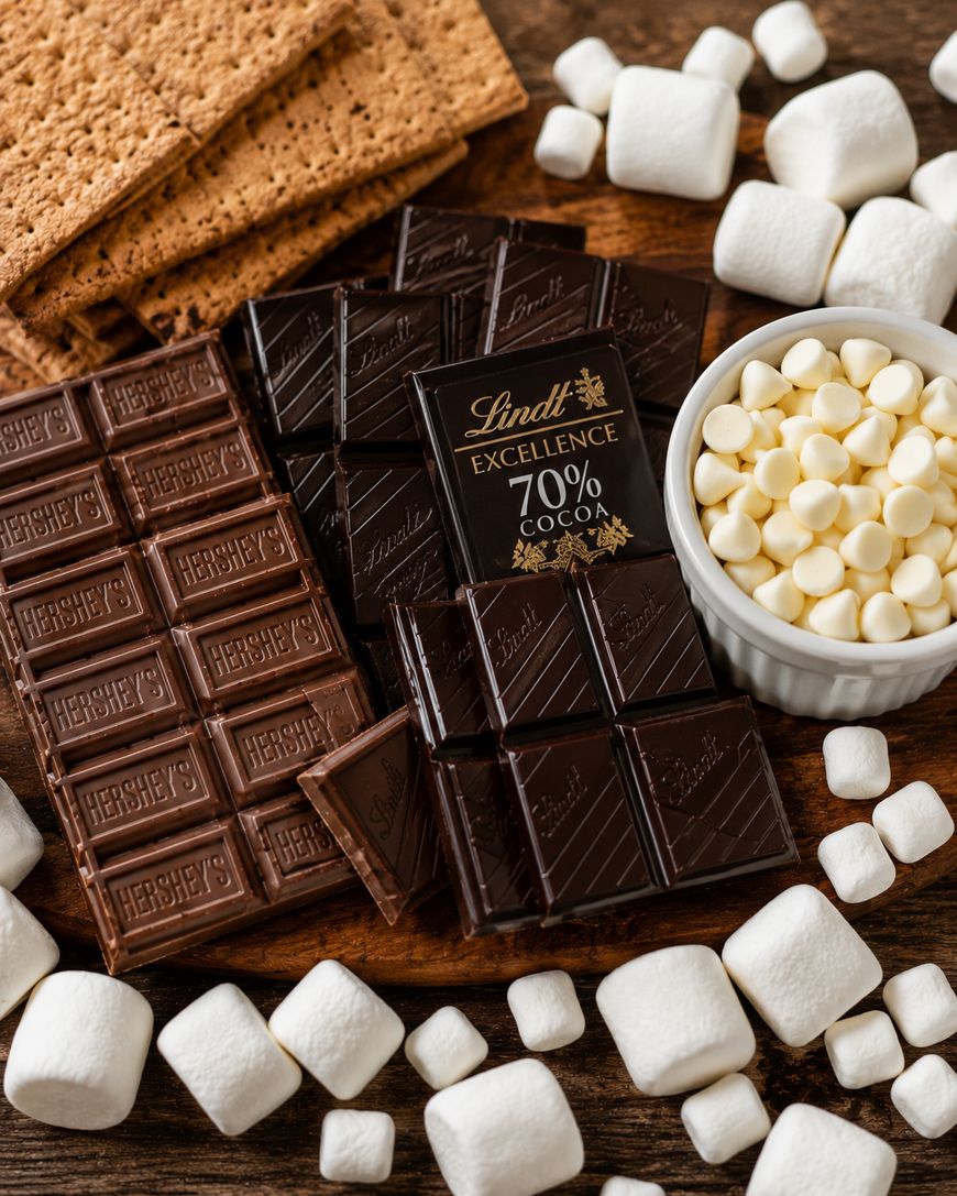 Assorted chocolate bars, graham crackers, mini marshmallows, and a bowl of white chocolate chips arranged on a wooden surface, ready for making smores.