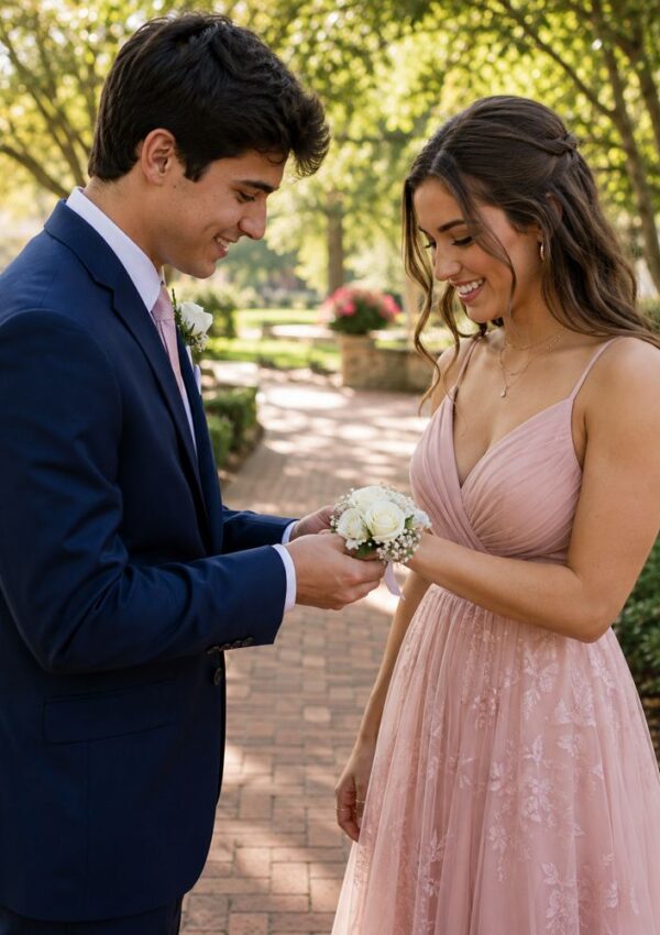 A young man in a navy suit places a corsage on a young woman’s wrist. She wears a pink dress and smiles, ready for their sorority formal. They stand on a brick path in a garden with green trees and sunlight.