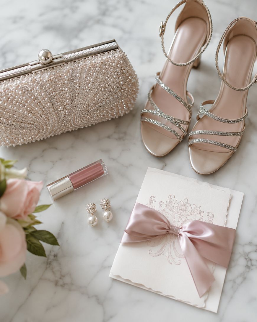 Elegant flat lay of wedding accessories on marble: jeweled clutch, strappy heeled sandals, pink lip gloss, pearl earrings, a bouquet of blush roses, and a white invitation with a large pink satin bow.