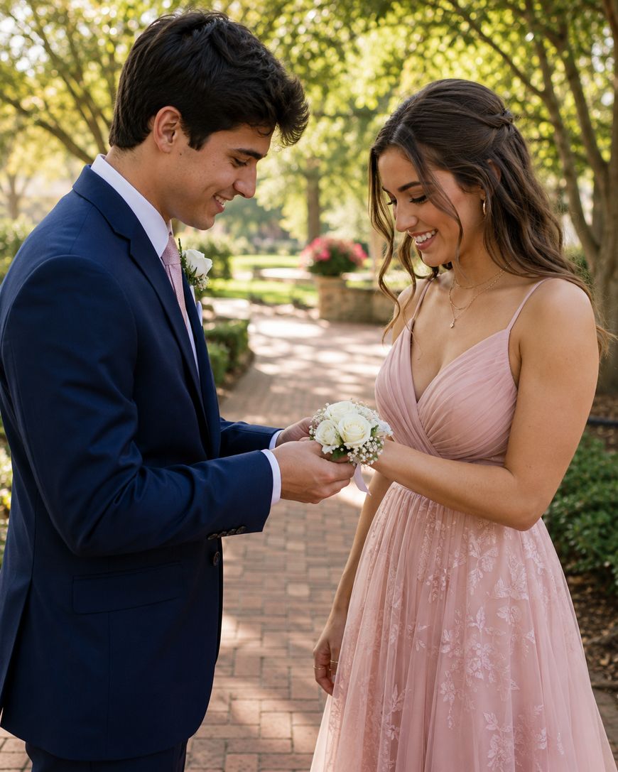 A young man in a navy suit puts a white corsage on a young woman in a pink dress. They are smiling at each other in a garden with trees and sunlight in the background.