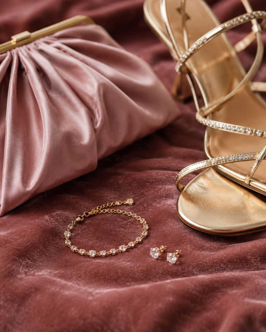 A pink satin clutch, a pair of gold strappy heeled sandals, a gold bracelet, and gold stud earrings are arranged on a soft mauve fabric background.
