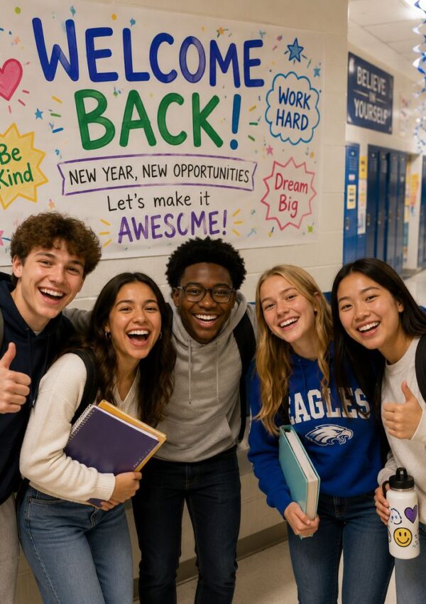 Five smiling students stand together in a school hallway, showing School Spirit with thumbs up in front of a colorful “Welcome Back” sign filled with motivating phrases like “Be Kind,” “Dream Big,” and “Work Hard.” They hold books and notebooks.