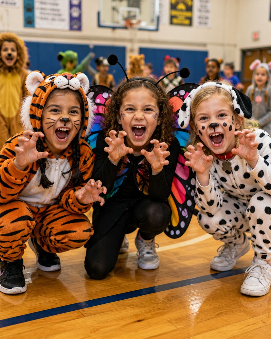 Three young children in animal and butterfly costumes crouch and make playful claw gestures in a gymnasium, smiling and having fun. Other kids in costumes are visible in the background.