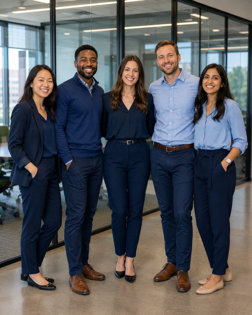 Five professionally dressed people stand together, smiling, in a modern office hallway with glass walls and conference rooms in the background. Four women and one man are wearing coordinated blue outfits.