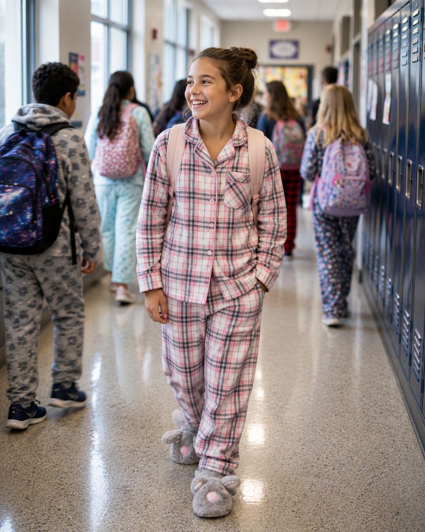 A smiling girl wearing plaid pajamas and animal slippers walks down a school hallway with a backpack. Other students, also in pajamas and backpacks, walk nearby past lockers.