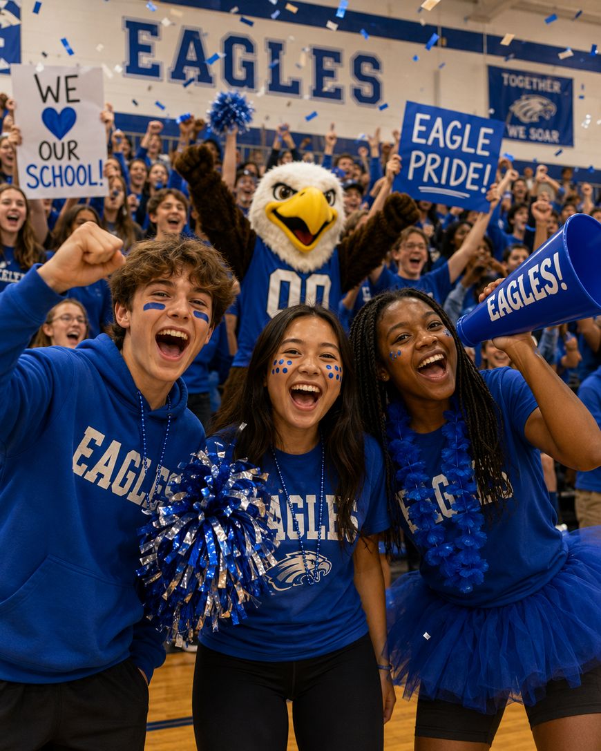 Three enthusiastic students in blue EAGLES attire cheer at a school pep rally, holding pompoms and signs. A person in an eagle mascot costume and a cheering crowd are visible in the background with blue confetti in the air.