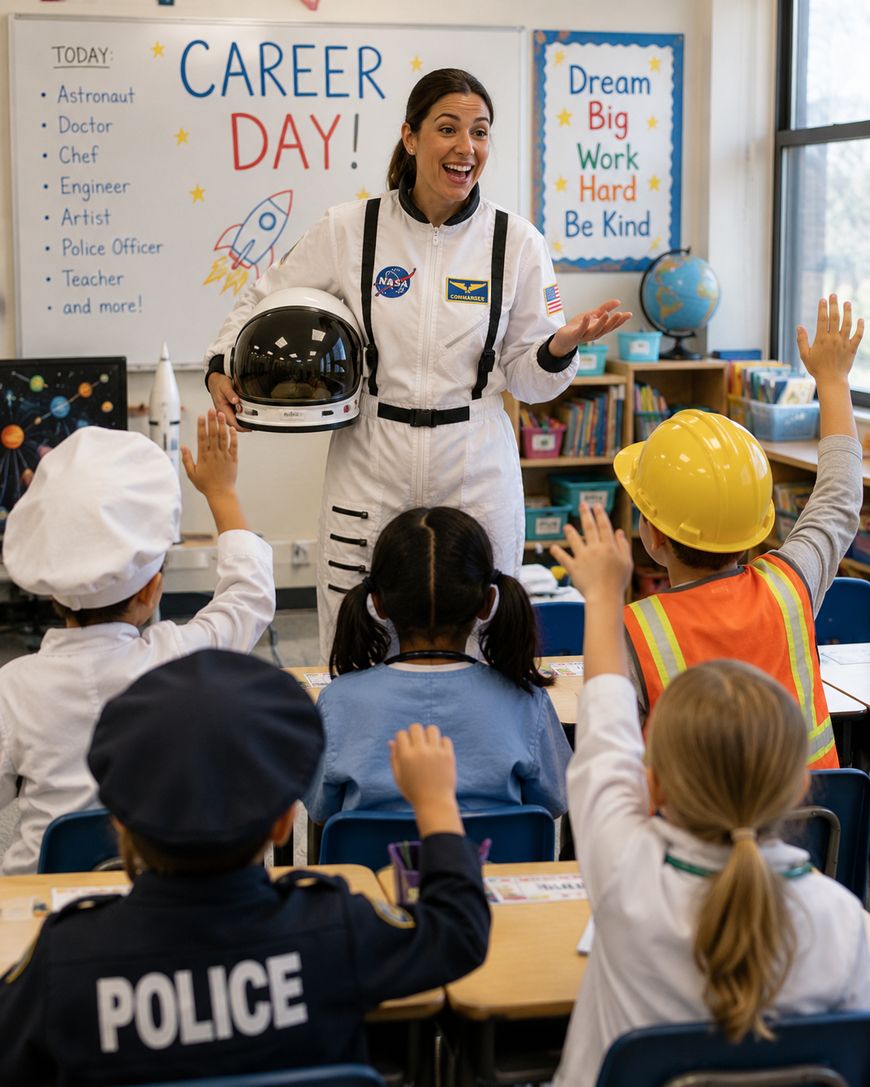 A woman dressed as an astronaut speaks to a classroom of young children in career costumes, with several students raising their hands. Career Day posters and space-themed decorations are on the classroom walls.