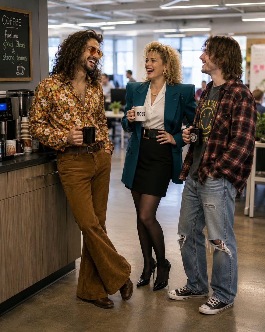 Three coworkers in retro and casual outfits stand by an office coffee station, laughing together. One wears a floral shirt and brown bell bottoms, another wears a teal blazer, and the third wears a flannel shirt and ripped jeans.
