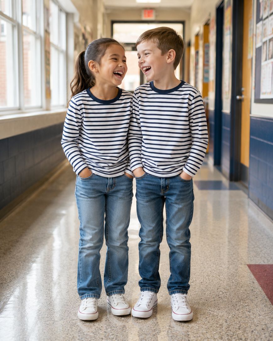 Two young children, a girl and a boy, stand side by side in a school hallway, both wearing matching striped shirts, jeans, and white sneakers, smiling and laughing together with their hands in their pockets.