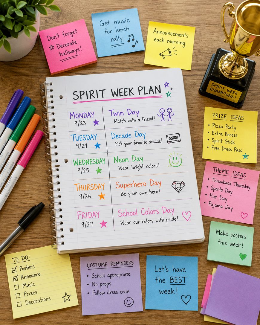 A spiral notebook on a desk displays a colorful Spirit Week Plan with themed days. Surrounding it are pens, a trophy, sticky notes with reminders, and a note listing prize ideas like pizza and extra recess.