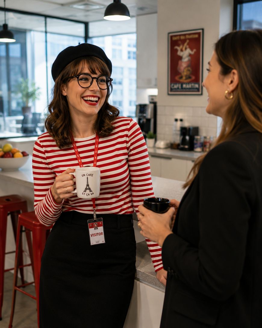 Two women chatting and smiling in a modern office kitchen. One woman wears glasses, a beret, and a red striped shirt, holding a mug, while the other wears a black blazer. There are stools and fruit in the background.