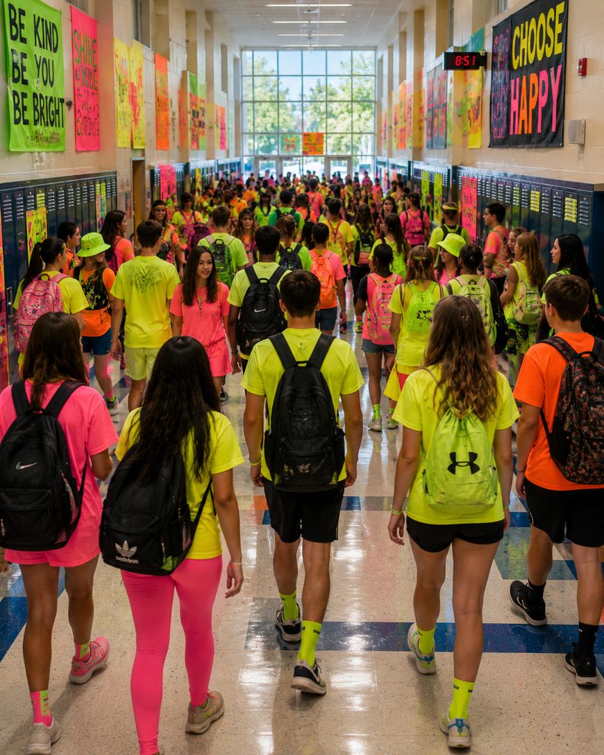 A busy school hallway filled with students wearing bright neon-colored clothes and backpacks. Colorful posters with positive messages decorate the walls. Sunlight shines through large windows at the end of the hall.