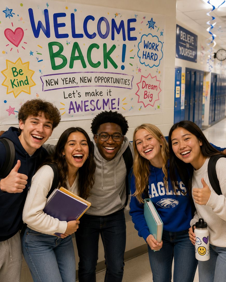 Five smiling students stand in a school hallway, giving thumbs up and holding books, in front of a colorful “Welcome Back” sign with motivational phrases like “Be Kind” and “Work Hard.” Blue lockers line the hall.