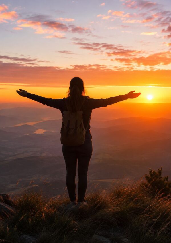 A person with a backpack stands on a mountain peak at sunset during the Summer Solstice, arms outstretched as if in ritual, facing the sun and a scenic landscape of hills and valleys under a colorful sky.