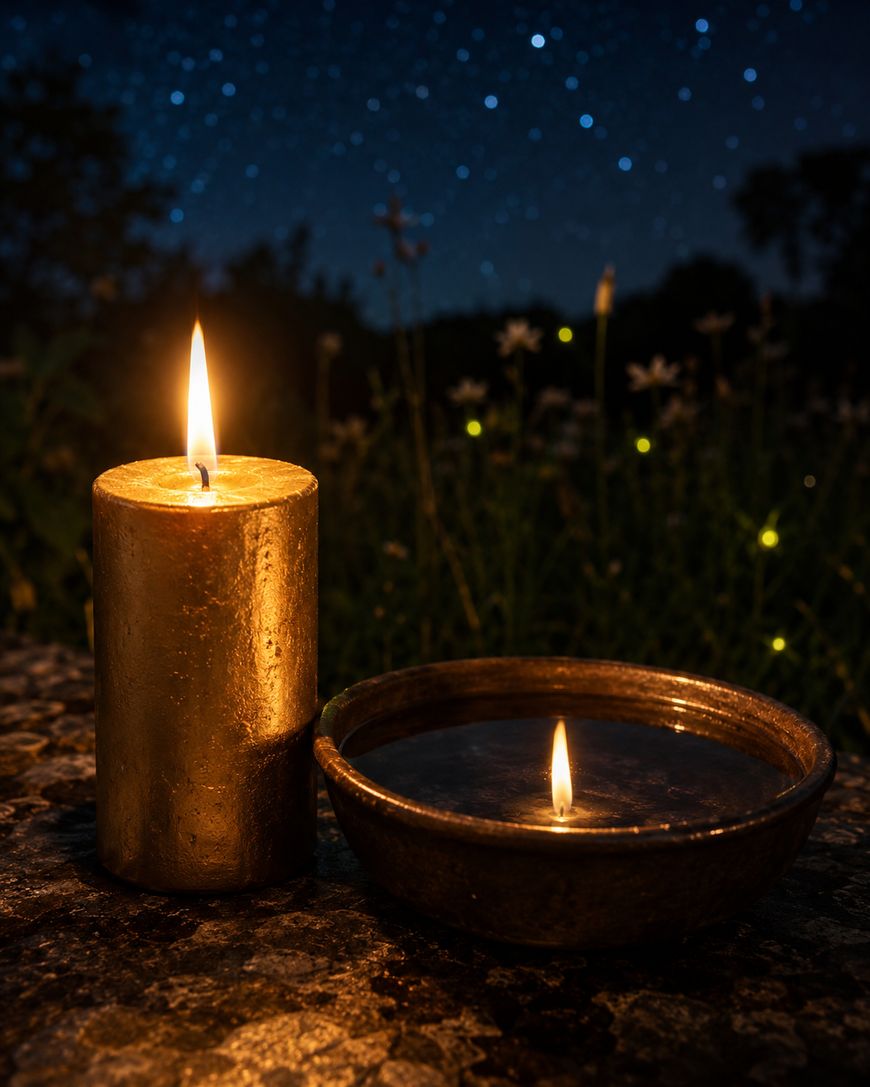 A lit candle and a small bowl with a floating flame sit on a stone surface outdoors, with blurred flowers, glowing fireflies, and a starry night sky in the background.