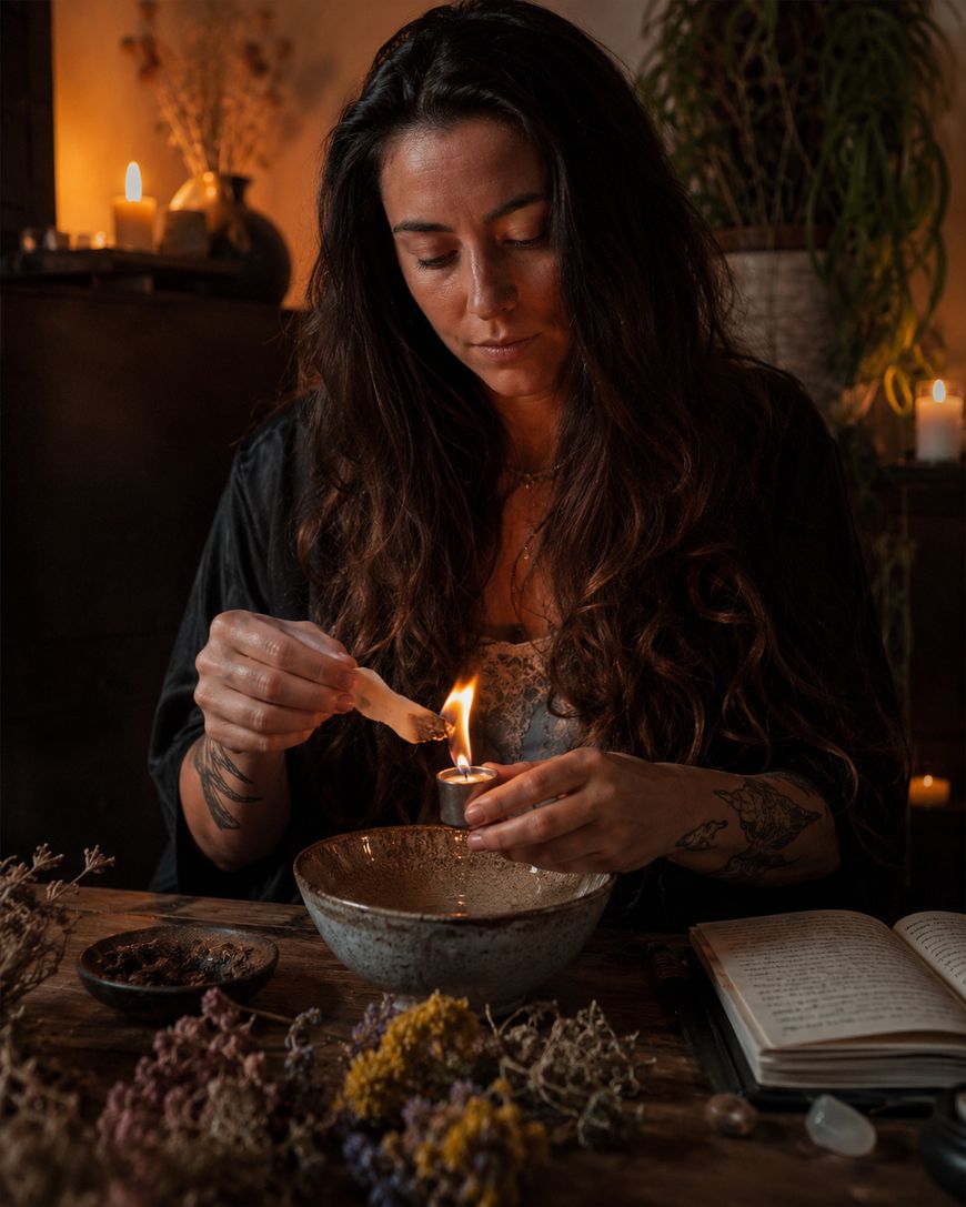 A woman with long dark hair lights a candle using a match while sitting at a wooden table with dried flowers, a bowl, an open notebook, and more candles in a cozy, dimly lit room.