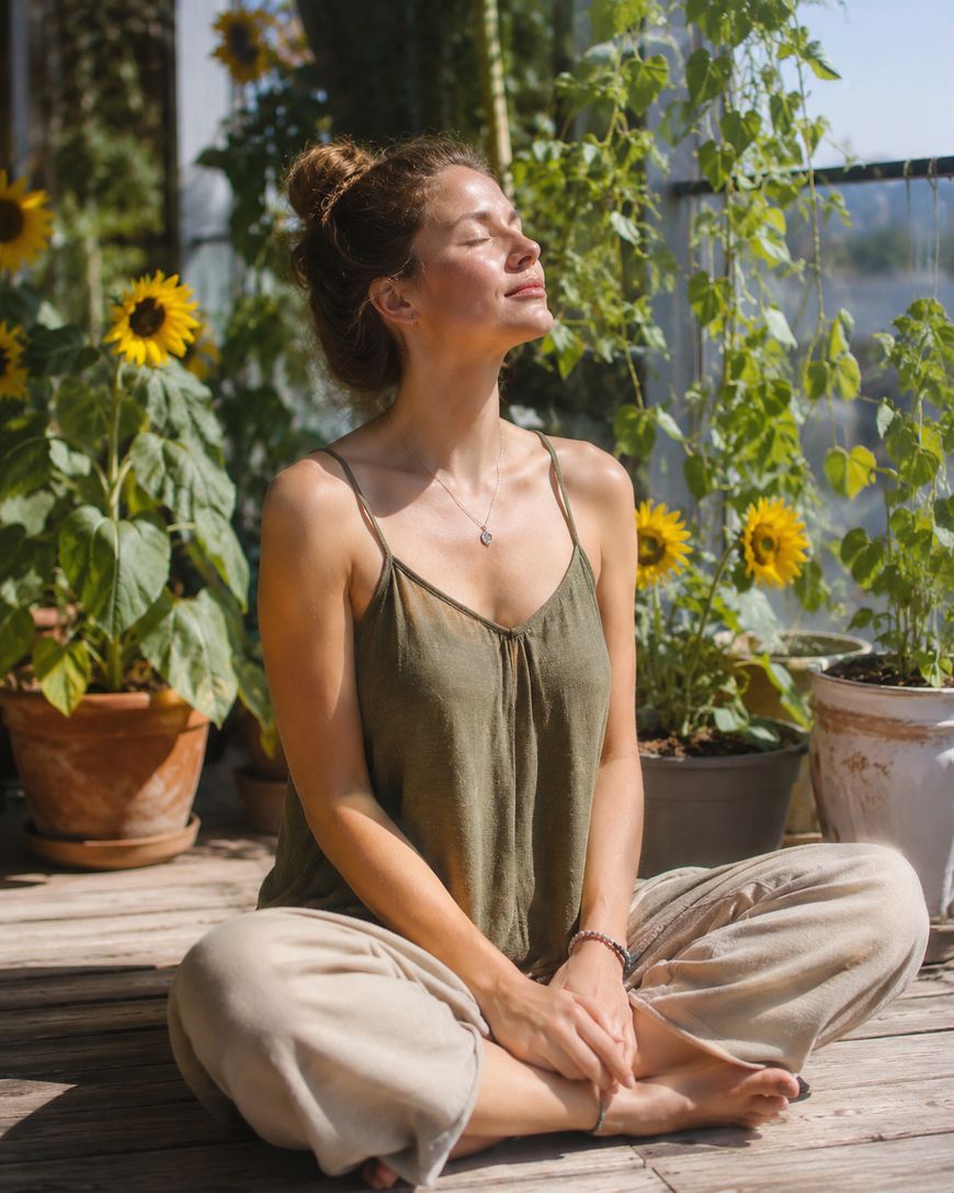 A woman sits cross-legged on a wooden floor in a sunlit garden room, smiling and tilting her face toward the sunlight. She is surrounded by green plants and blooming sunflowers.