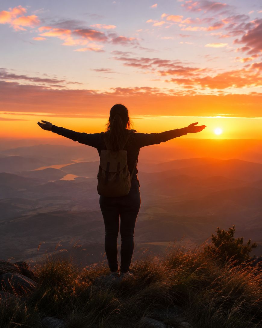 A person with a backpack stands on a mountain at sunset, arms outstretched, facing the sun. The sky is colorful with orange and pink clouds, overlooking a scenic valley and distant hills.