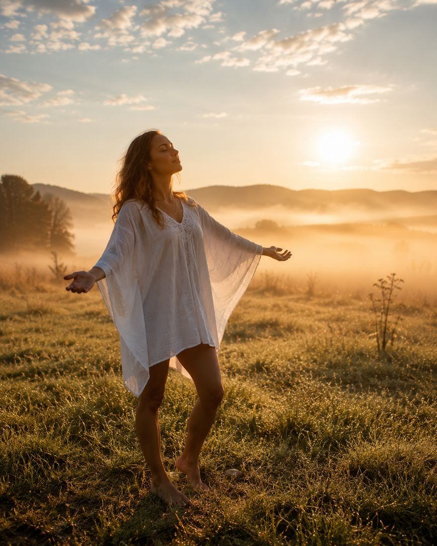 A woman in a white dress stands barefoot in a sunlit field at sunrise, arms open and eyes closed, surrounded by morning mist and distant hills under a partly cloudy sky.