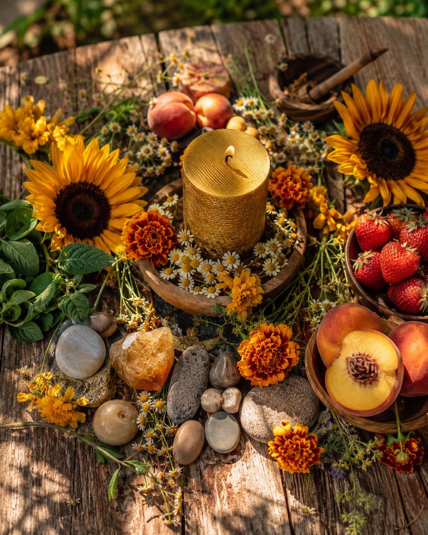 A rustic wooden table decorated with a golden candle, sunflowers, marigolds, chamomile, fresh peaches, strawberries, various stones, and herbs, creating a vibrant, natural summer display.