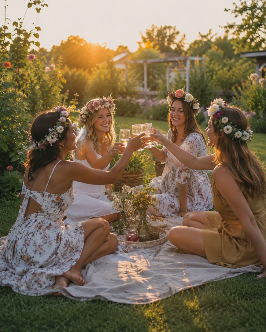 Four women wearing floral dresses and flower crowns sit on a blanket outdoors at sunset, smiling and raising glasses in a toast. A picnic setup with flowers and drinks is in front of them, surrounded by greenery and flowers.