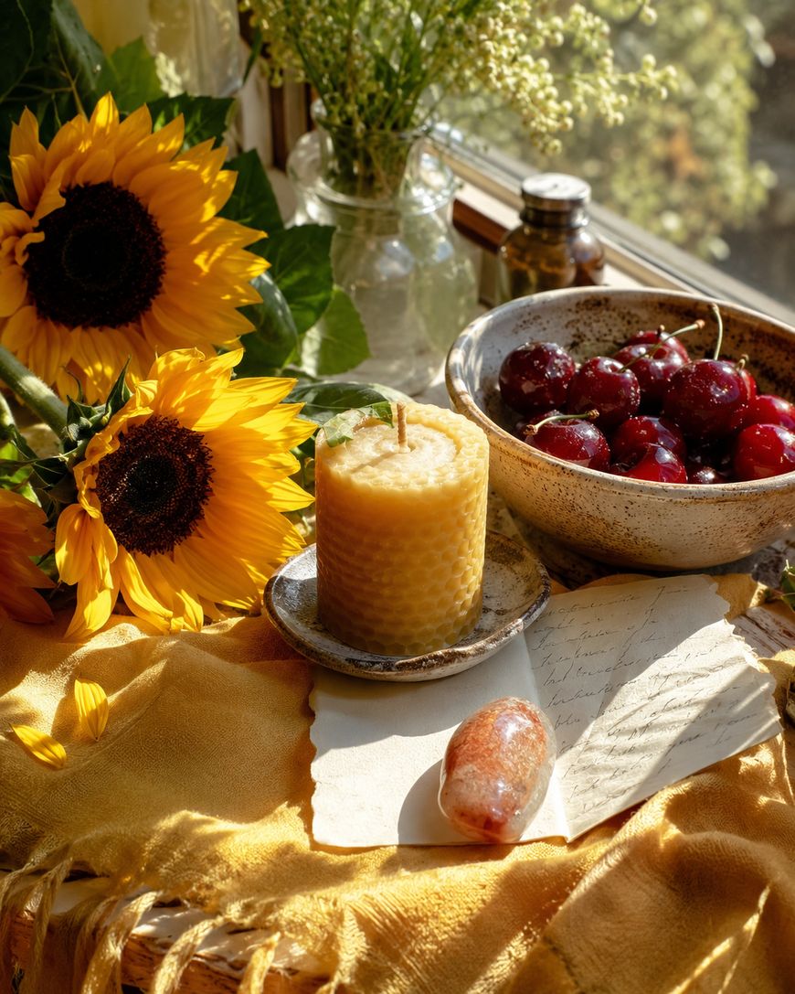 A cozy still life with two sunflowers, a beeswax candle, a bowl of cherries, a handwritten note, a polished stone, and a glass jar of flowers, all arranged on a sunlit yellow cloth by a window.