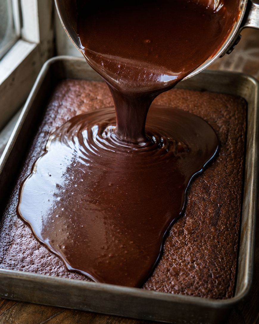 Chocolate icing is being poured from a saucepan onto a rectangular chocolate cake in a metal baking pan, covering part of the cake with a glossy layer.