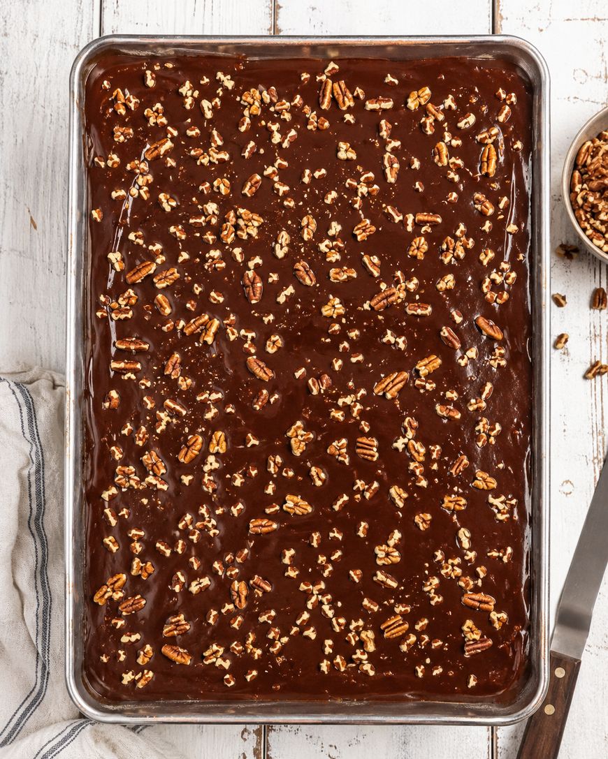 A rectangular sheet pan filled with chocolate cake topped with glossy chocolate icing and sprinkled with chopped pecans sits on a white wooden surface. A knife and a bowl of extra pecans are nearby.