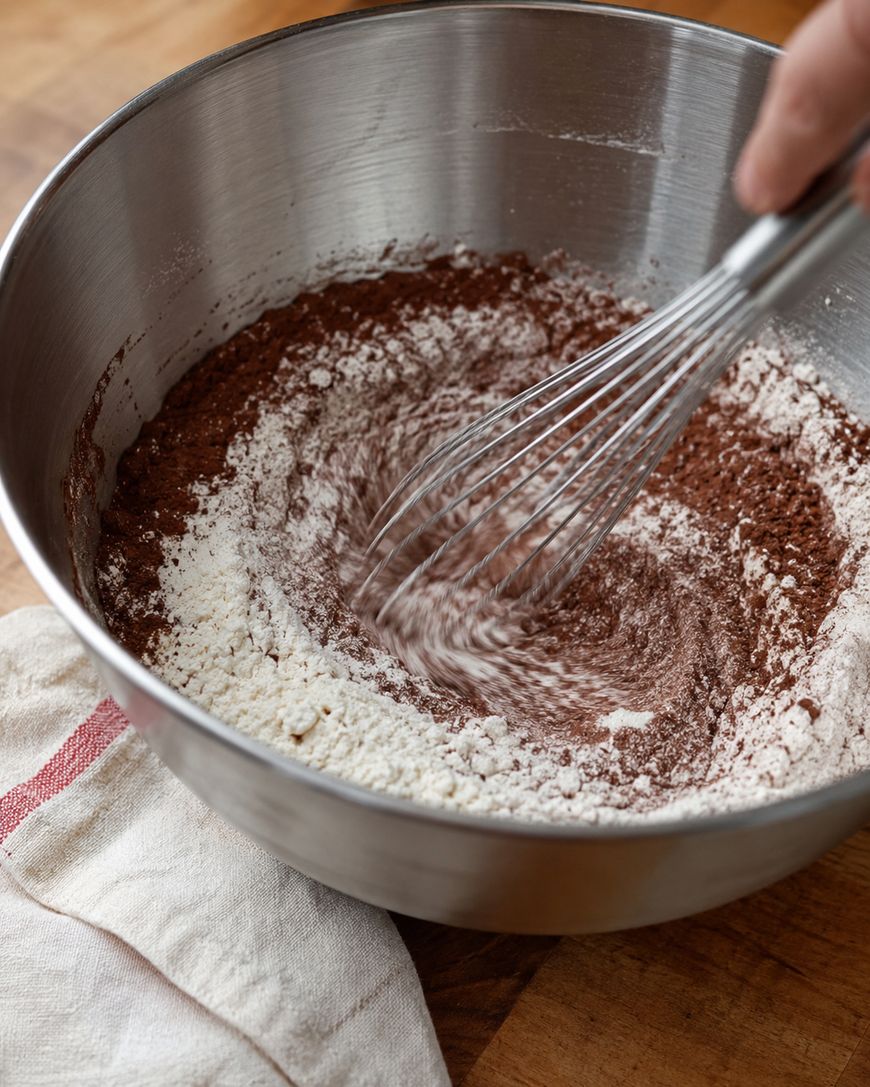 A hand whisks flour and cocoa powder together in a large metal mixing bowl on a wooden surface, with a white kitchen towel nearby.