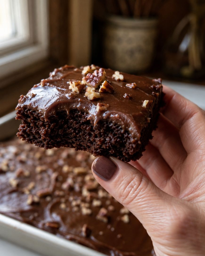 A hand with painted nails holds a square piece of chocolate cake topped with chocolate frosting and chopped pecans. The rest of the cake sits in a pan in the background.