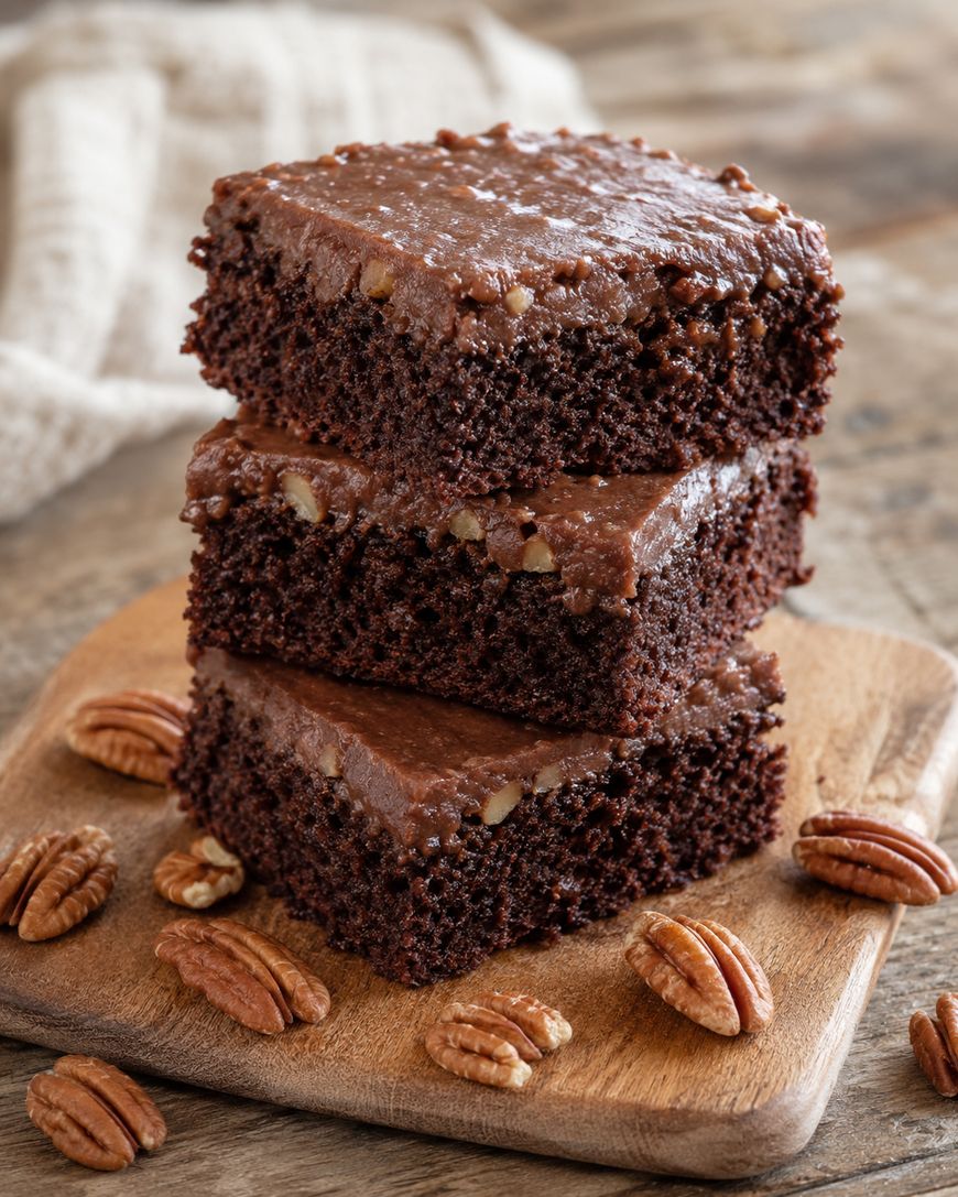 Three chocolate brownies with frosting are stacked on a wooden board, surrounded by pecan halves. The brownies have a rich, moist texture and visible pieces of pecan inside. A beige cloth is in the background.