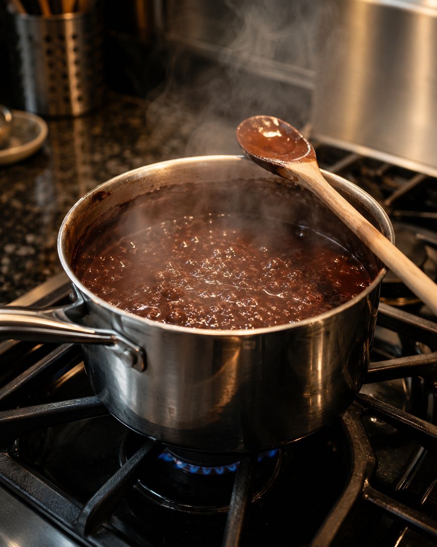 A steaming pot of dark, chunky stew or sauce cooks on a gas stove, with a wooden spoon resting on the pot’s edge. Steam rises from the contents, indicating it is hot and simmering.
