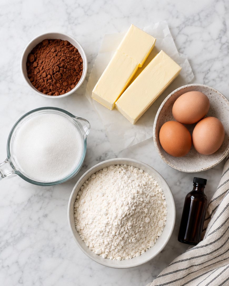 Baking ingredients on a marble surface: cocoa powder in a bowl, two sticks of butter, three eggs on a plate, a glass measuring cup of sugar, a bowl of flour, a bottle of vanilla extract, and a striped cloth.