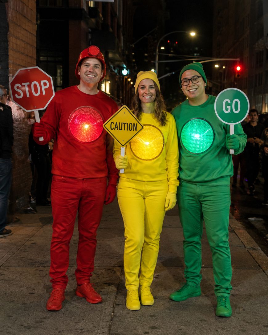 Three people dressed as a traffic light stand on a city sidewalk at night. One wears red and holds a STOP sign, one wears yellow with a CAUTION sign, and one wears green with a GO sign.