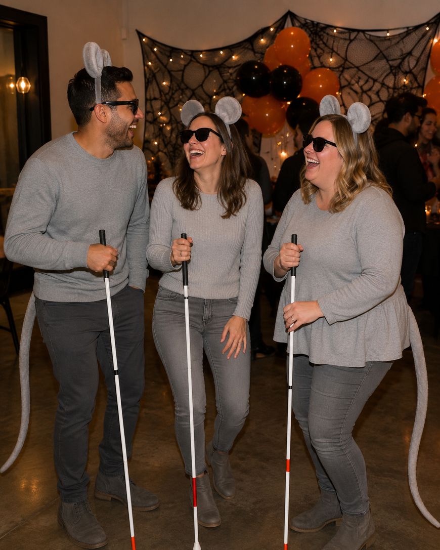 Three people dressed as blind mice, wearing gray outfits, mouse ear headbands, sunglasses, and holding white canes, stand together and laugh at a festive party decorated with orange and black balloons and a web backdrop.